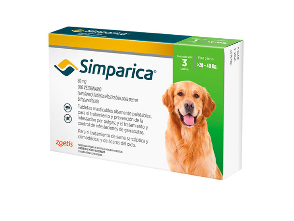 SIMPARICA PERRO 20 A 40kg de 3 COMPRIMIDOS