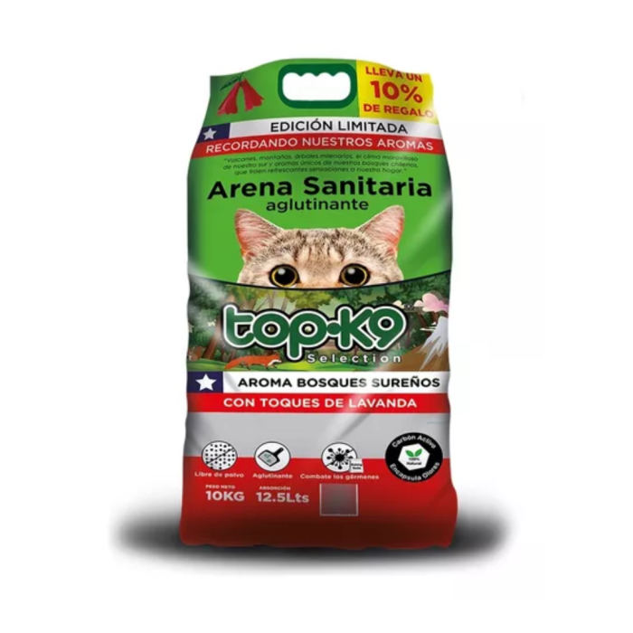 Arena sanitaria aglutinante top-k9 Aroma bosques sureños iones de plata  10 kg