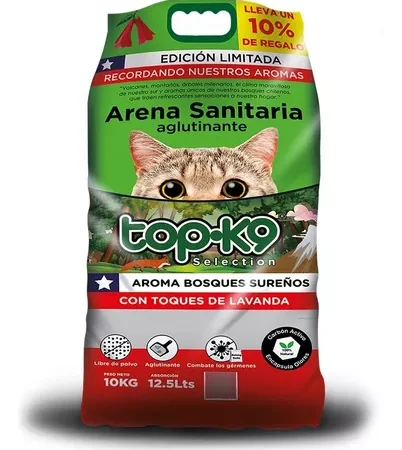 Arena sanitaria aglutinante top-k9 Aroma bosques sureños 10 kg +1kg de regalo