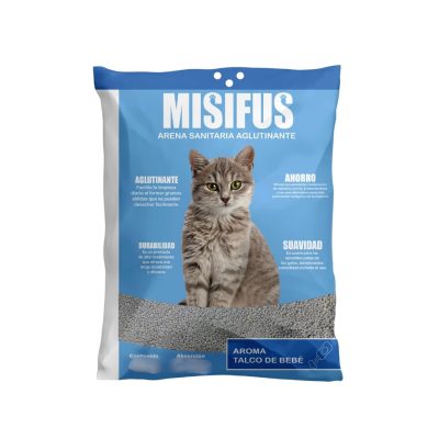 Arena sanitaria misifus aroma talco de bebe  20 kilos