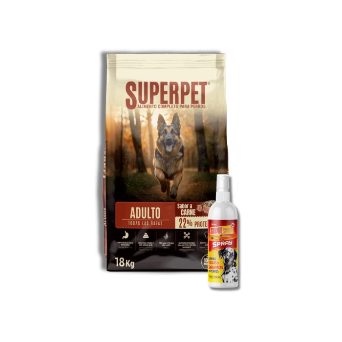 10 unidades de Superpet perro adulto 18 kilos + 1o spray sinpul para pulgas y garrapatas en perros