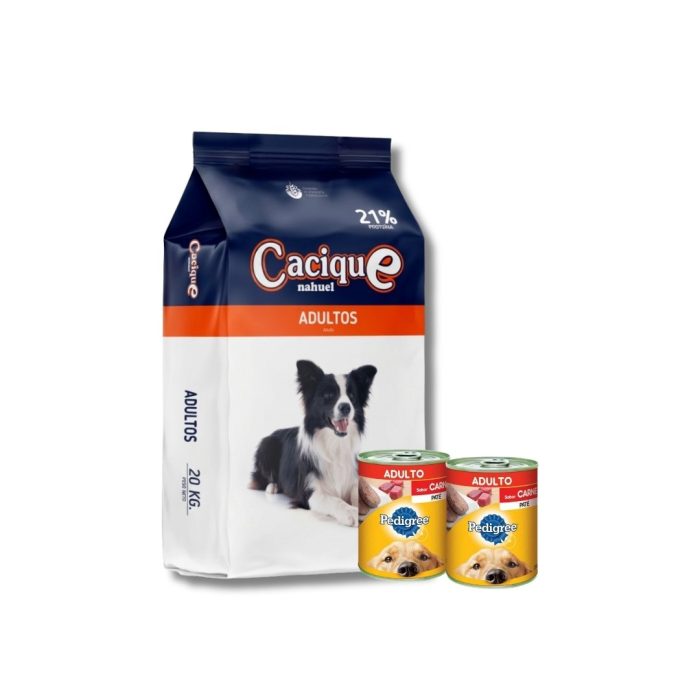 Cacique 20 kilos + 2 latas pedigree sabor carne