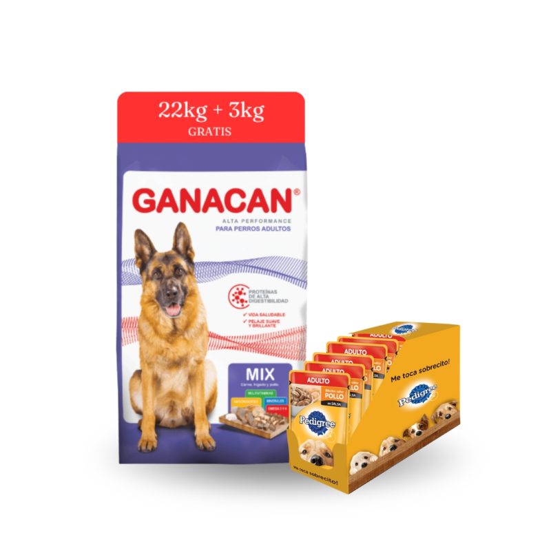 Ganacan 25 kilos + 1 caja de sachet pedigree pollo x 12 unidades