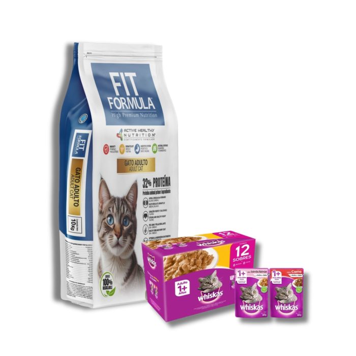 Fit gato adulto 10 kilos + 1 caja de sachet whiskas x 12 unidades