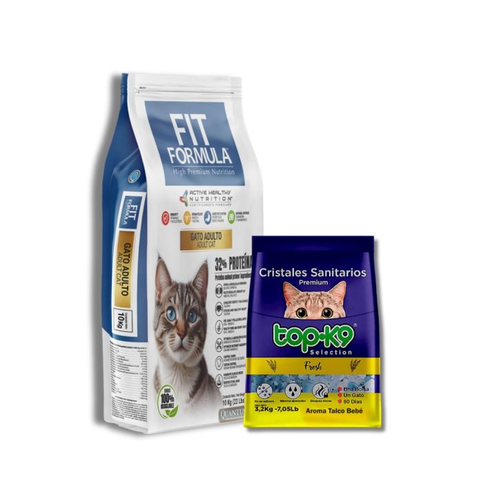 Fit gato adulto 10 kilos + 1 arena top k9 cristales saniatarios de 3,2 kilos