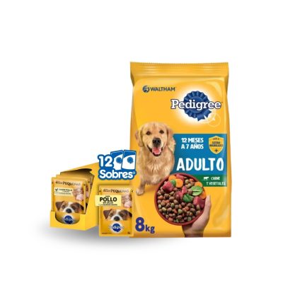 Pedigree adulto 8 kilos + 1 caja de 12 sachet pedigree adulto raza pequeña sabor pollo