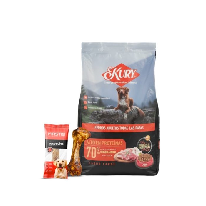 Kury perro adulto todas las razas 20 kilos + 1 hueso mastig porcino