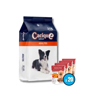 Cacique 20 kilos + 20 unidades sachet masterdog adulto carne