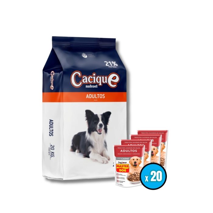 Cacique 20 kilos + 20 unidades sachet masterdog adulto carne