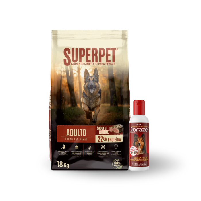 Superpet perro adulto 18 kilos + 1 shampoo dorazel 100ml eliminador de pulgas y garrapatas