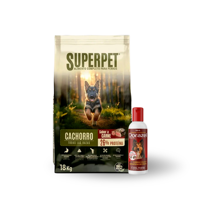 Superpet perro cachorro 18 kilos + 1 shampoo dorazel 100 ml elimina pulgas y garrapatas