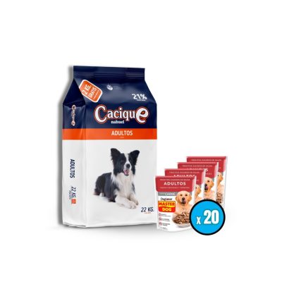 Cacique 22 kilos + 20 unidades sachet masterdog adulto carne