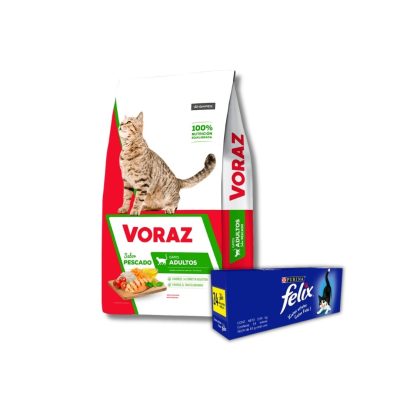 Voraz gato adulto 20 kilos  + 1 caja de sachet felix salmón de 24 unidades
