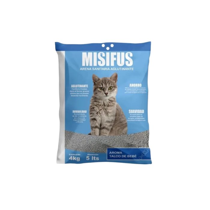 Arena sanitaria misifus aroma talco de bebé 4 kilos x 5 unidades